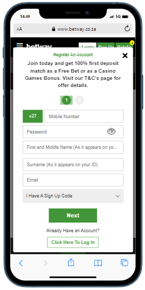 A cell phone with a betway login screen on it

