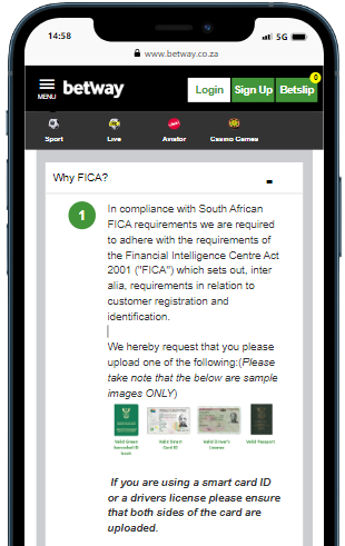 A cell phone with a betway verification screen on it


