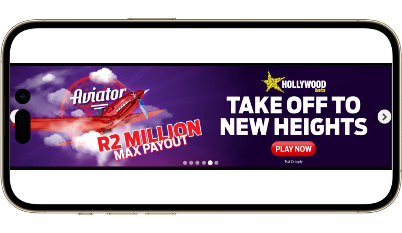 A cell phone with a Hollywoodbets banner on it

