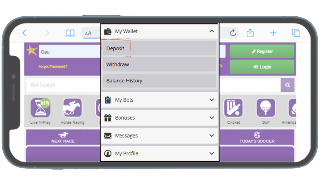 A cell phone with a purple and green theme showing Aviator Hollywoodbets deposit step

