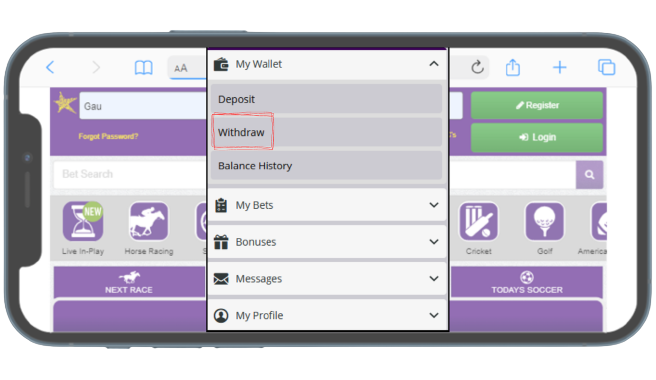 A cell phone with a purple and green theme showing Hollywoodbets withdarwal step
